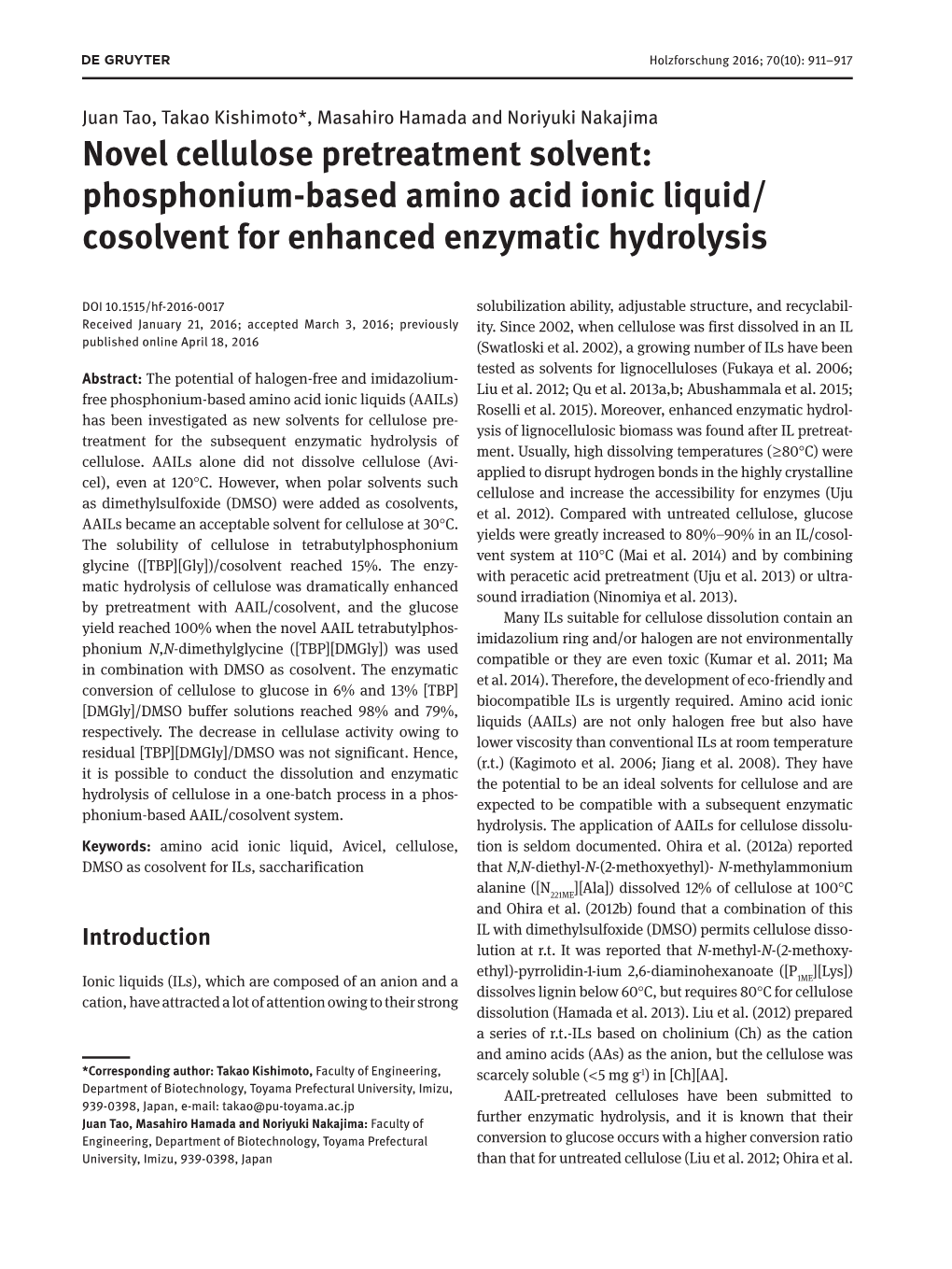 Novel Cellulose Pretreatment Solvent: Phosphonium-Based Amino Acid Ionic Liquid/ Cosolvent for Enhanced Enzymatic Hydrolysis