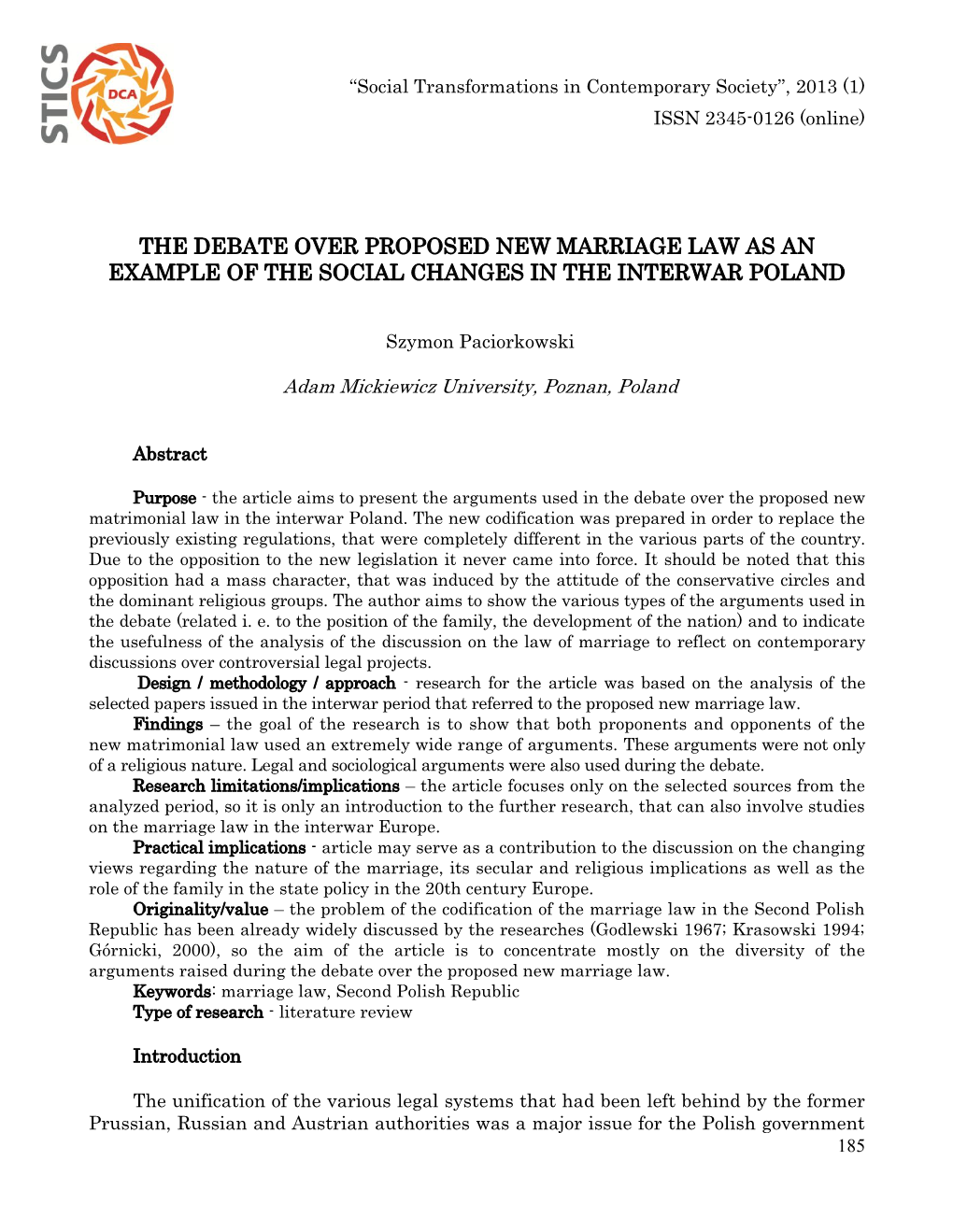 The Debate Over Proposed New Marriage Law As an Example of the Social Changes in the Interwar Poland