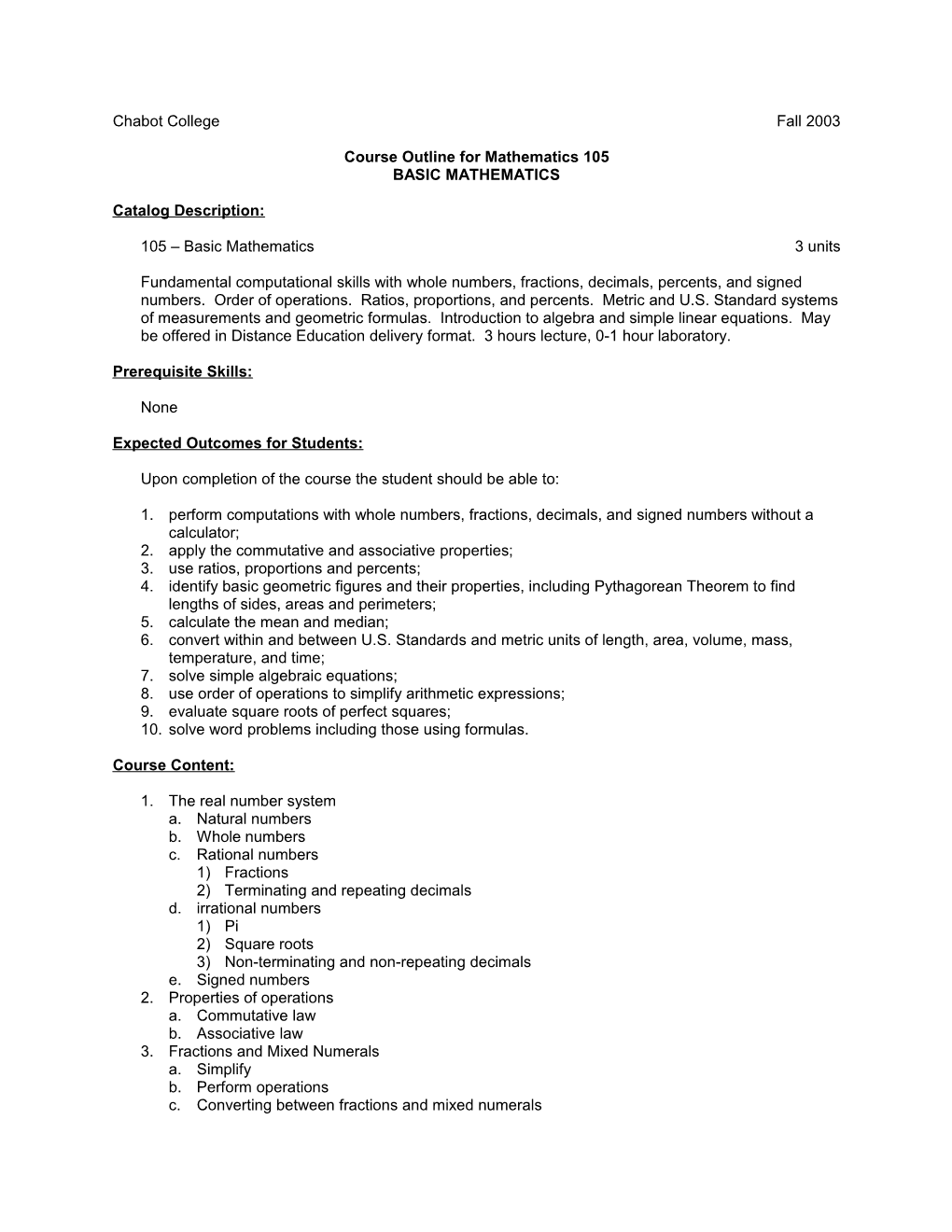 Course Outline for Mathematics 105, Page 2