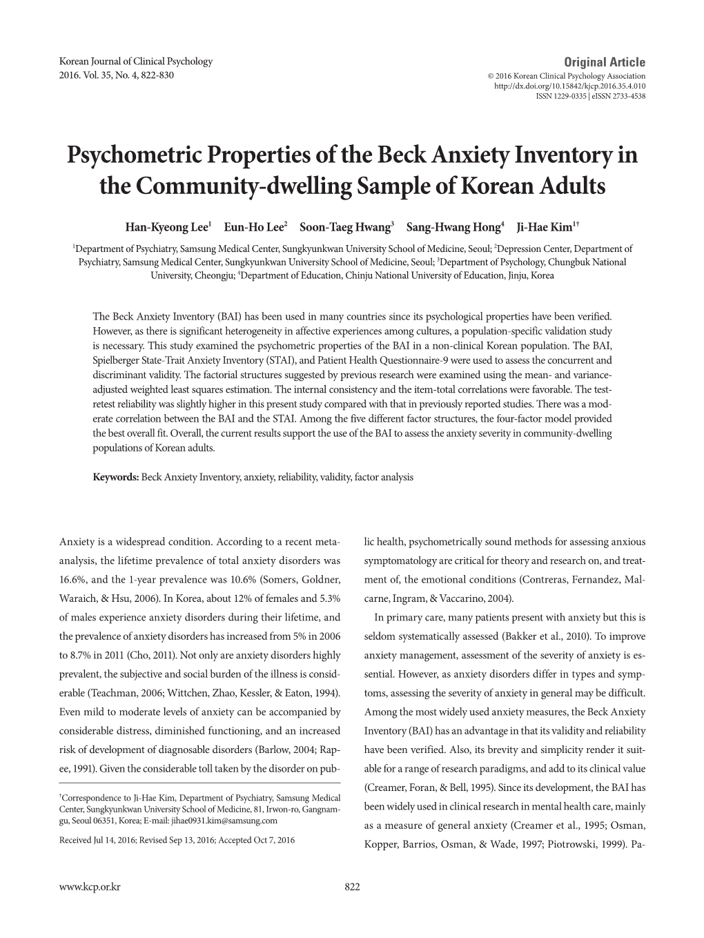Psychometric Properties of the Beck Anxiety Inventory in the Community-Dwelling Sample of Korean Adults