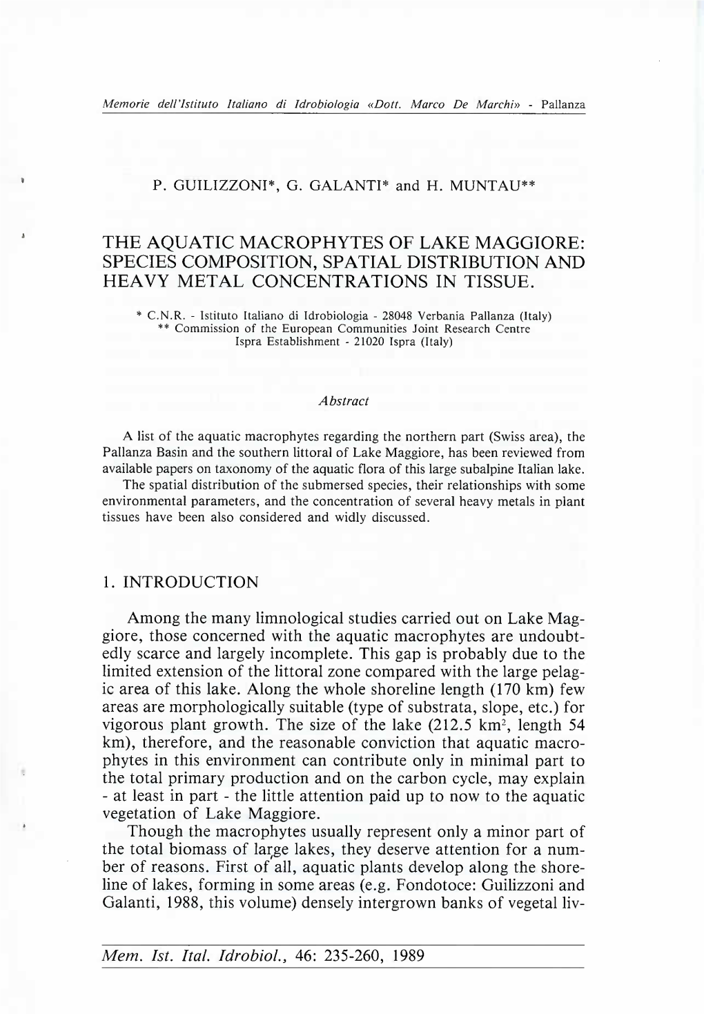 The Aquatic Macrophytes of Lake Maggiore: Species Composition, Spatial Distribution and Heavy Metal Concentrations in Tissue