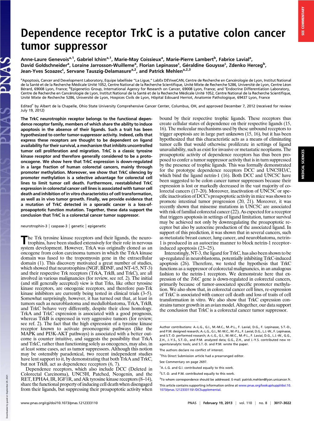 Dependence Receptor Trkc Is a Putative Colon Cancer Tumor