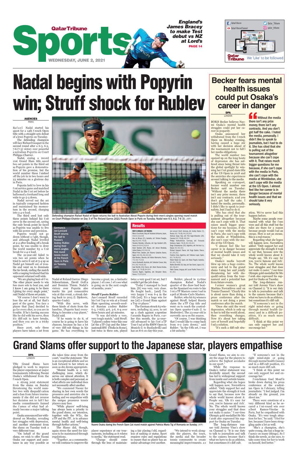 Nadal Begins with Popyrin Win; Struff Shock for Rublev