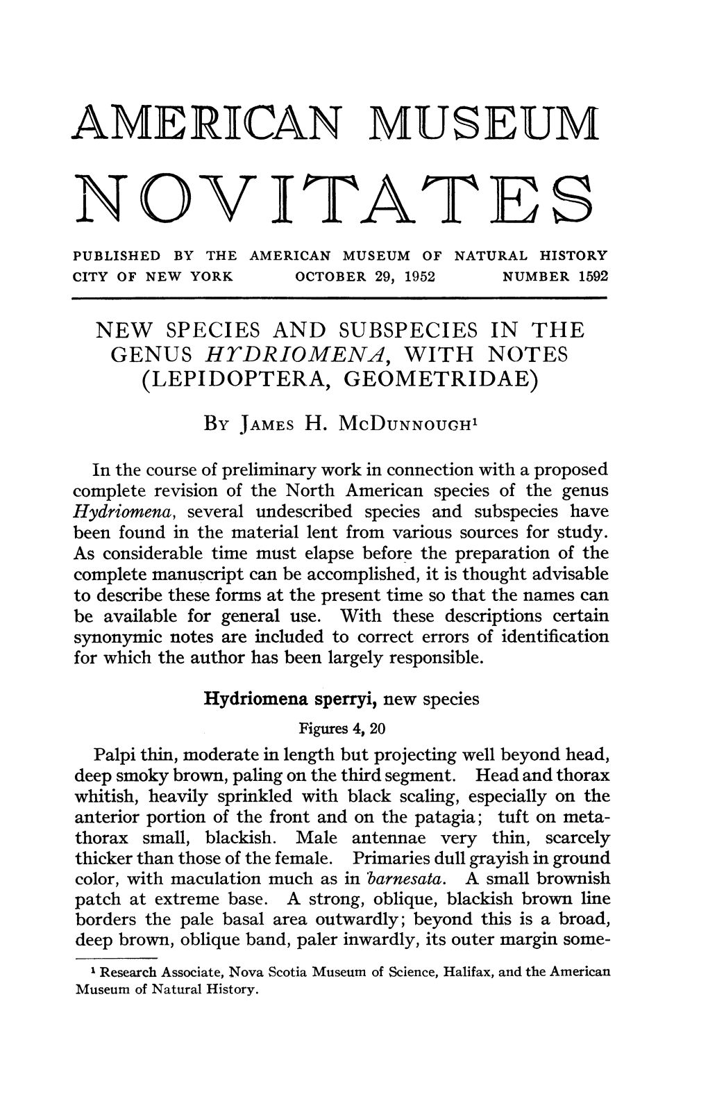 Novistates Published by the American Museum of Natural History City of New York October 29, 1952 Number 1592