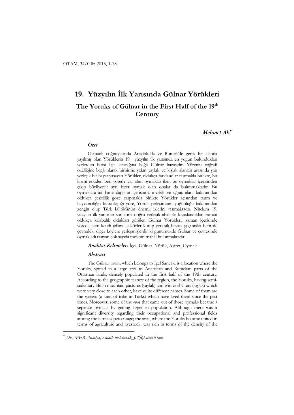 19. Yüzyılın İlk Yarısında Gülnar Yörükleri the Yoruks of Gülnar in the First Half of the 19Th Century