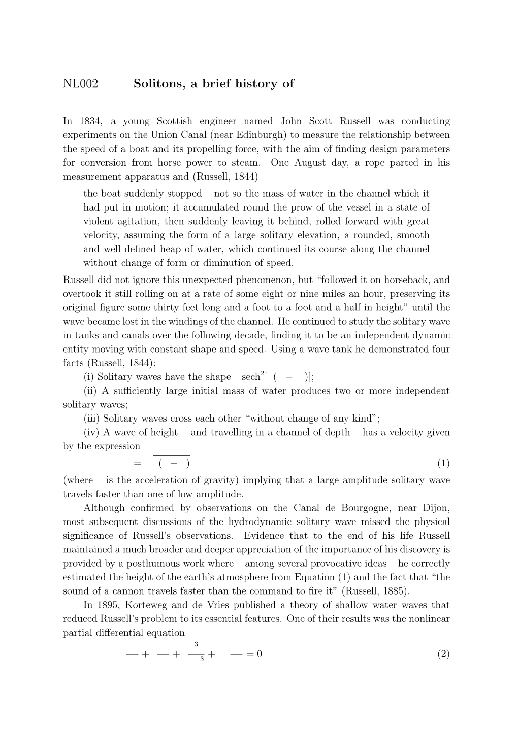 NL002 Solitons, a Brief History of 1 NL002 Solitons, a Brief History Of