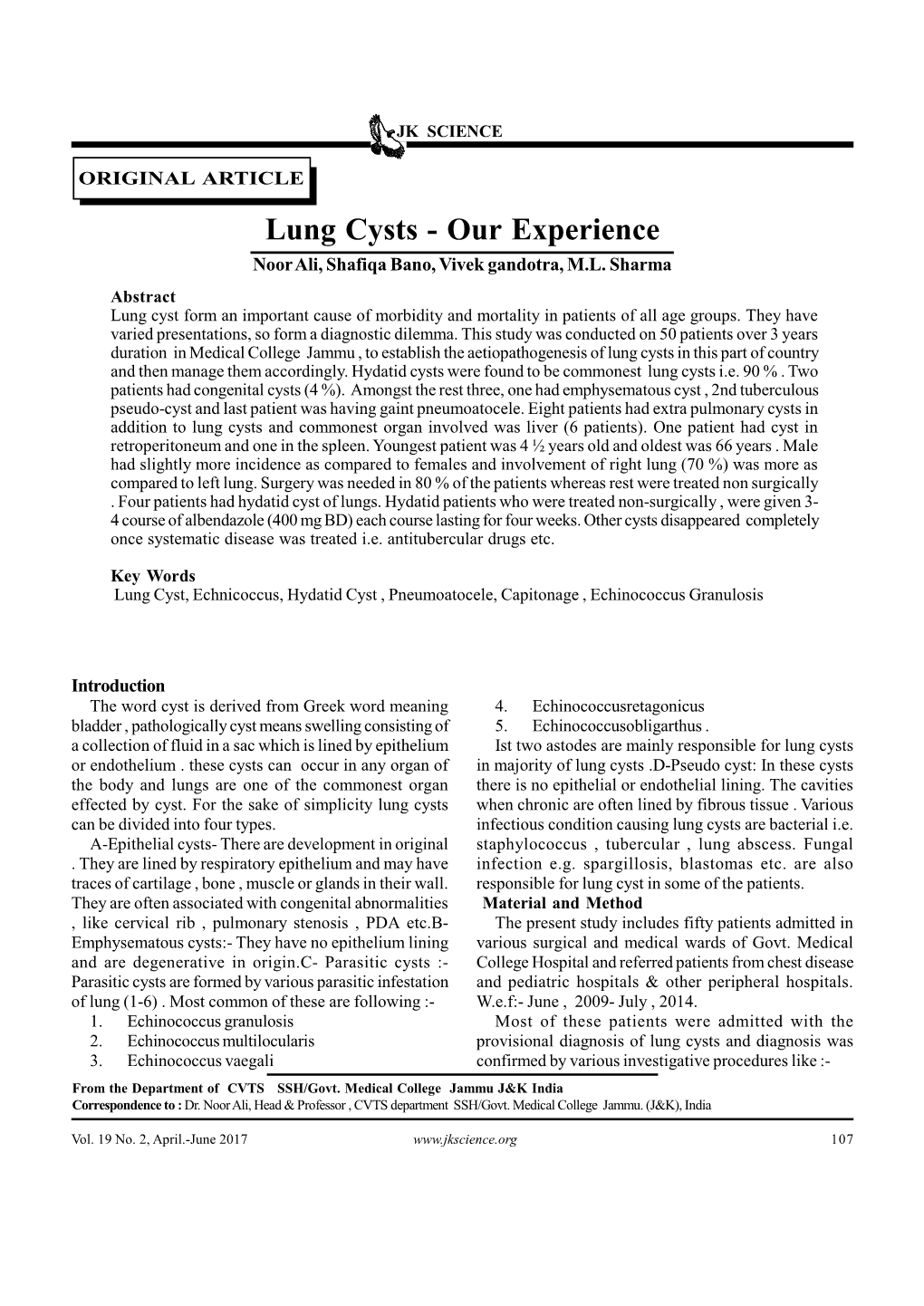 Lung Cysts - Our Experience Noor Ali, Shafiqa Bano, Vivek Gandotra, M.L