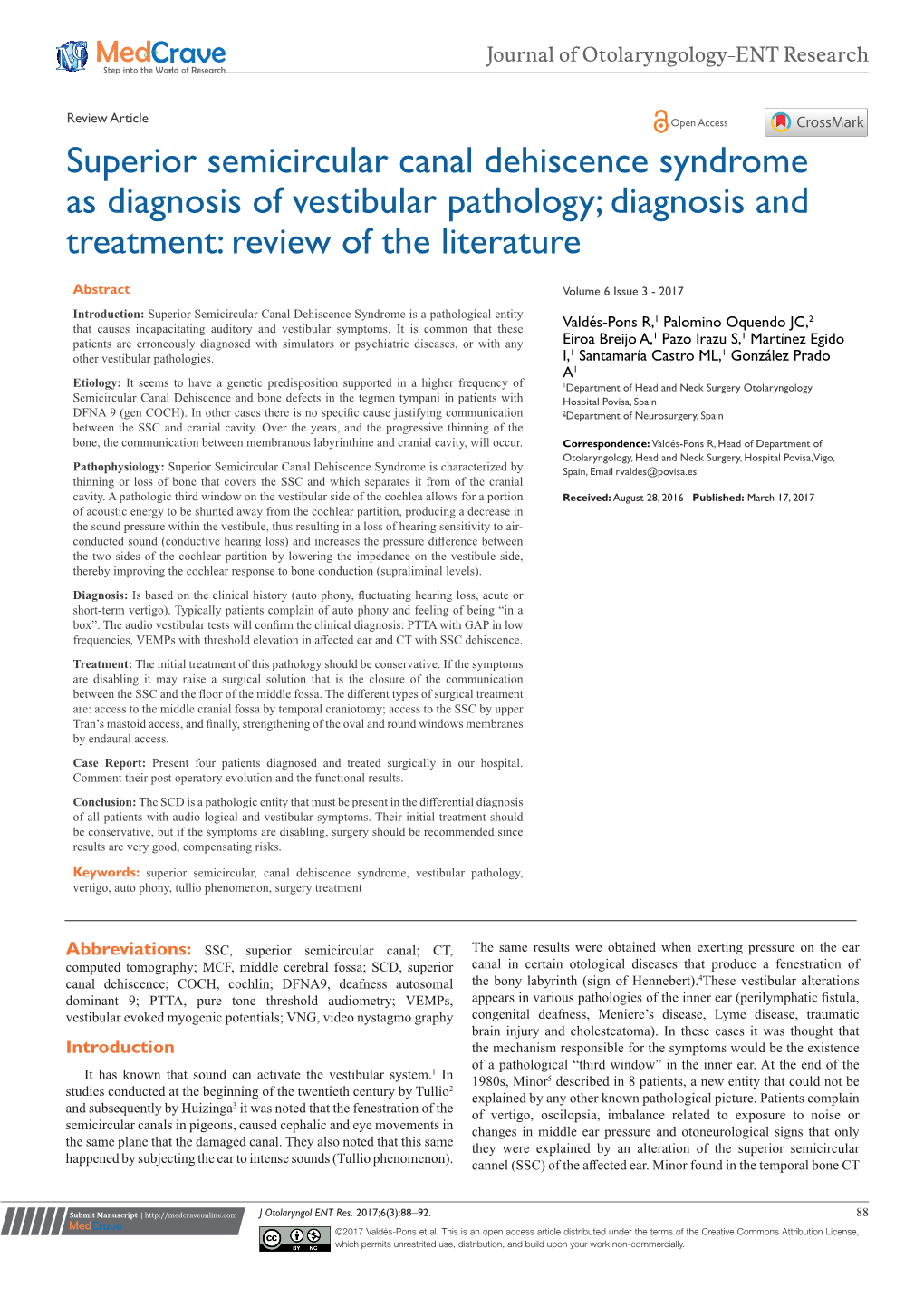 Superior Semicircular Canal Dehiscence Syndrome As Diagnosis of Vestibular Pathology; Diagnosis and Treatment: Review of the Literature