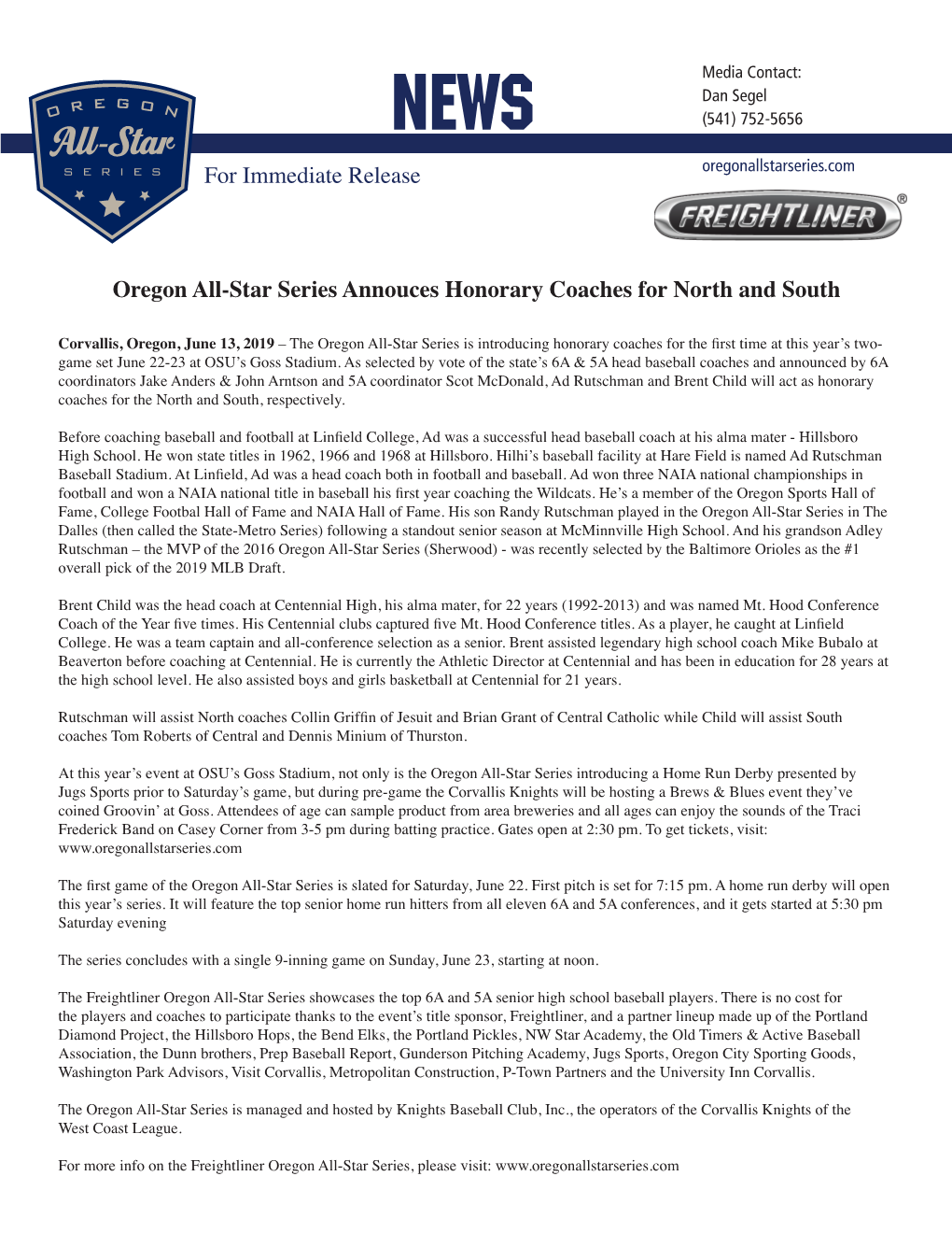 For Immediate Release Oregon All-Star Series Annouces Honorary