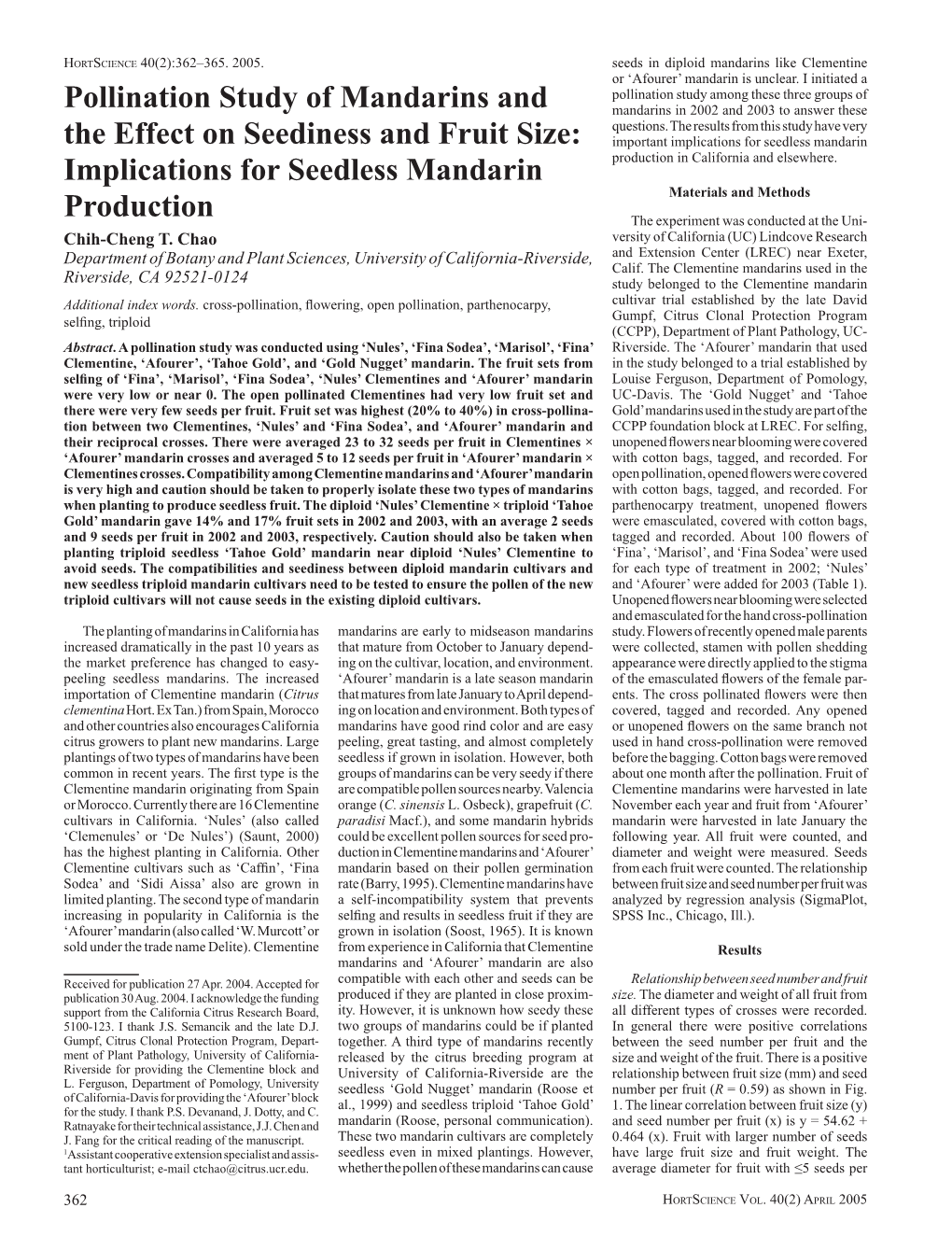 Pollination Study of Mandarins and the Effect on Seediness and Fruit Size