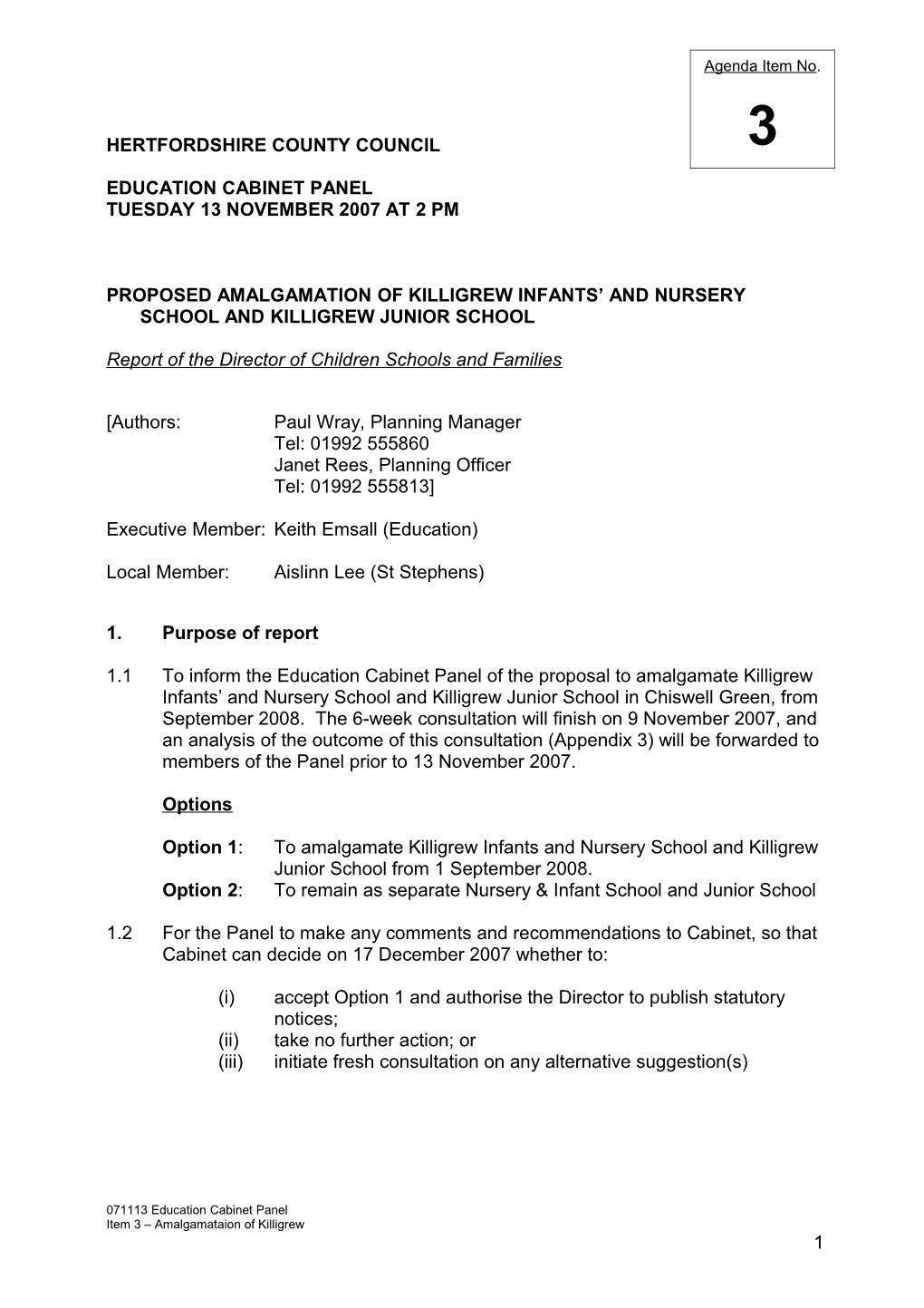 Proposed Amalgamation of Killigrew Infants and Nursery School and Killigrew Junior School