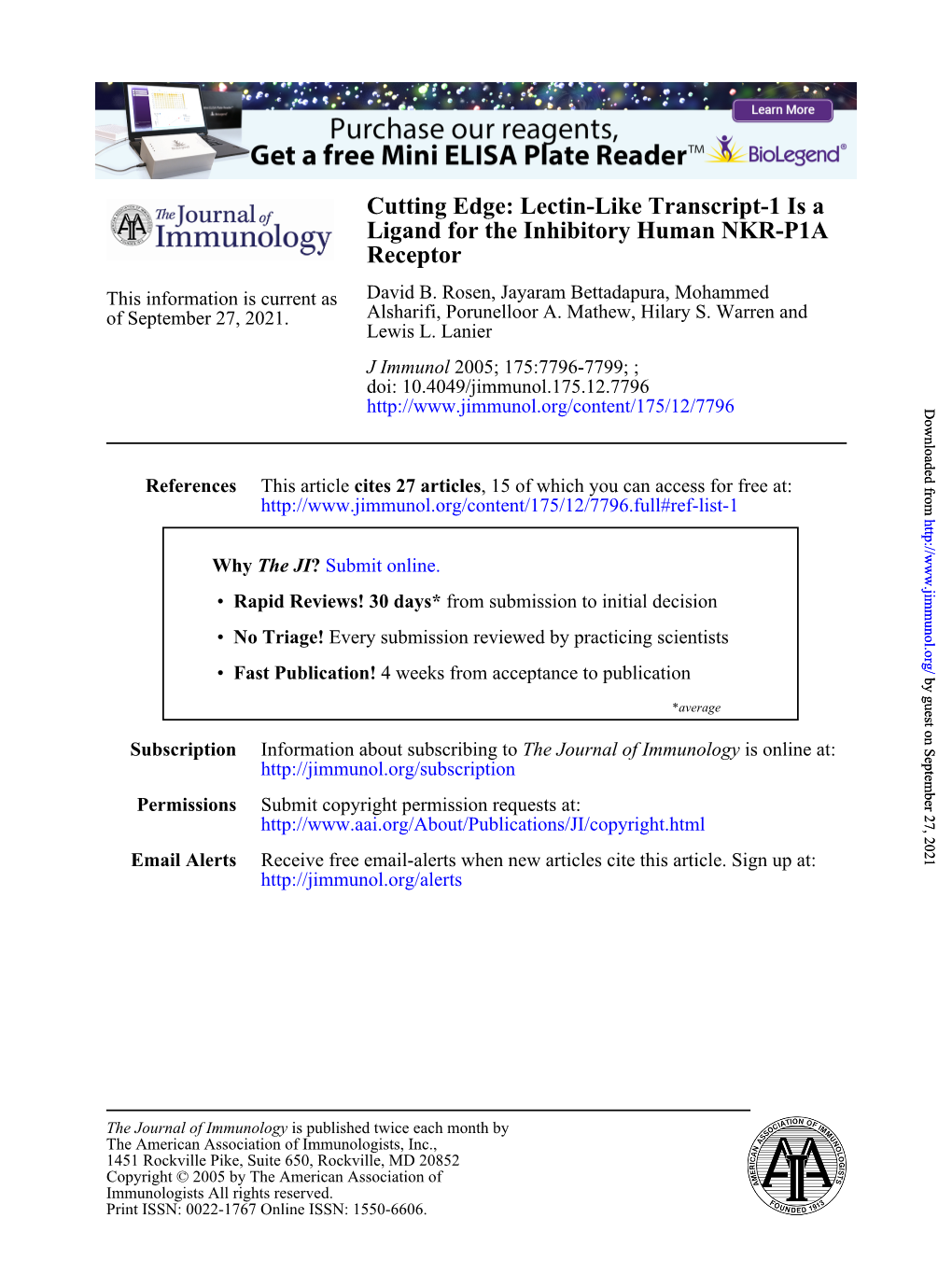 Receptor Ligand for the Inhibitory Human NKR-P1A Cutting Edge: Lectin-Like Transcript-1 Is A