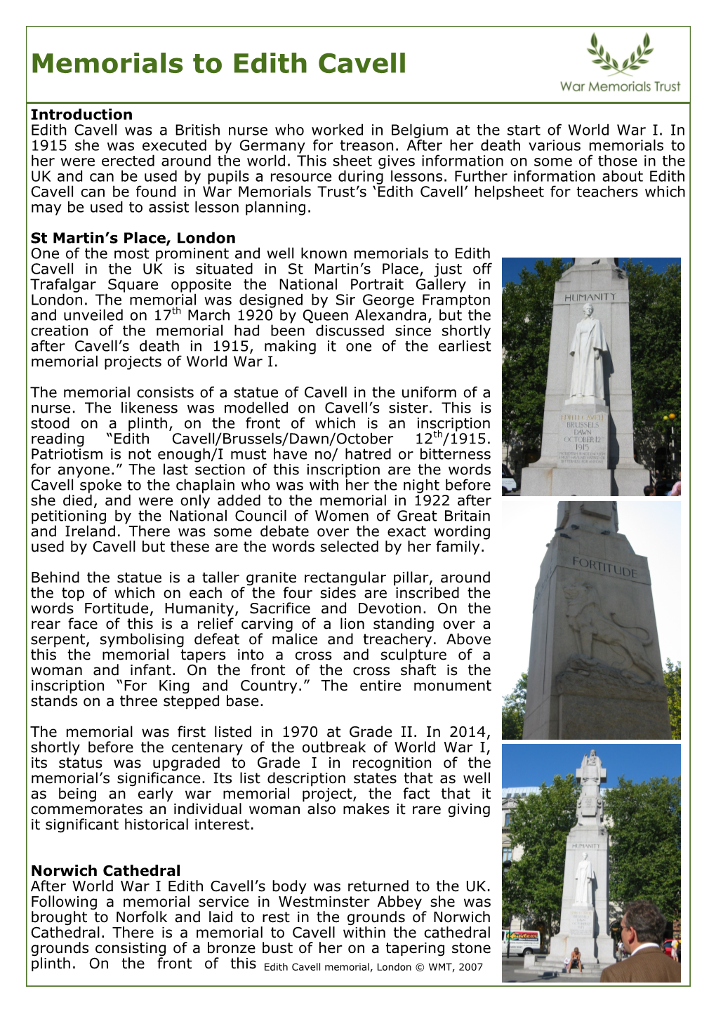 Memorials to Edith Cavell Information Sheet