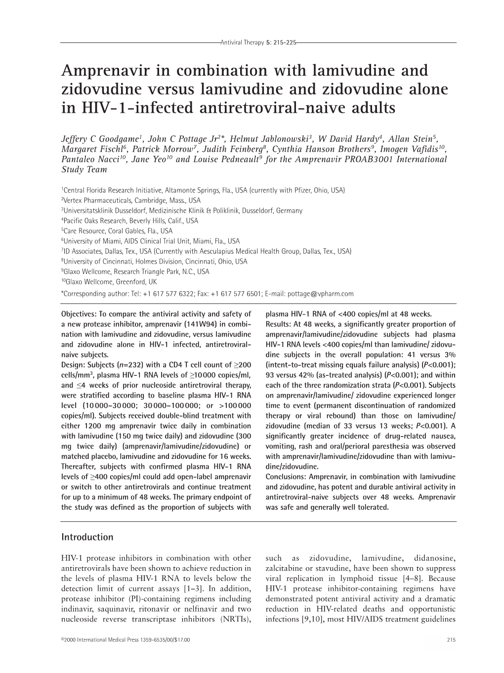 Amprenavir in Combination with Lamivudine and Zidovudine Versus Lamivudine and Zidovudine Alone in HIV-1-Infected Antiretroviral-Naive Adults