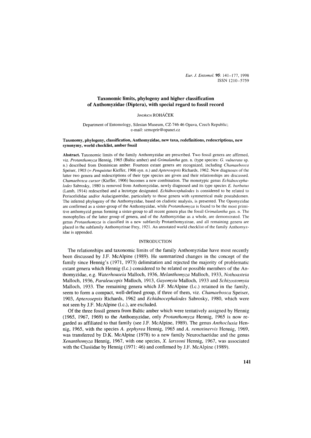 Taxonomic Limits, Phylogeny and Higher Classification of Anthomyzidae (Diptera), with Special Regard to Fossil Record