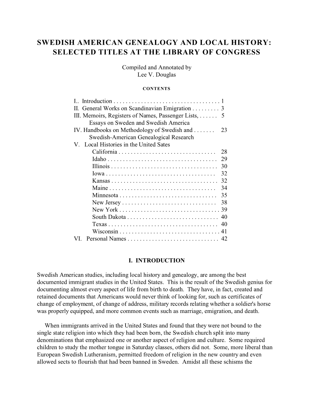 Swedish American Genealogy and Local History: Selected Titles at the Library of Congress