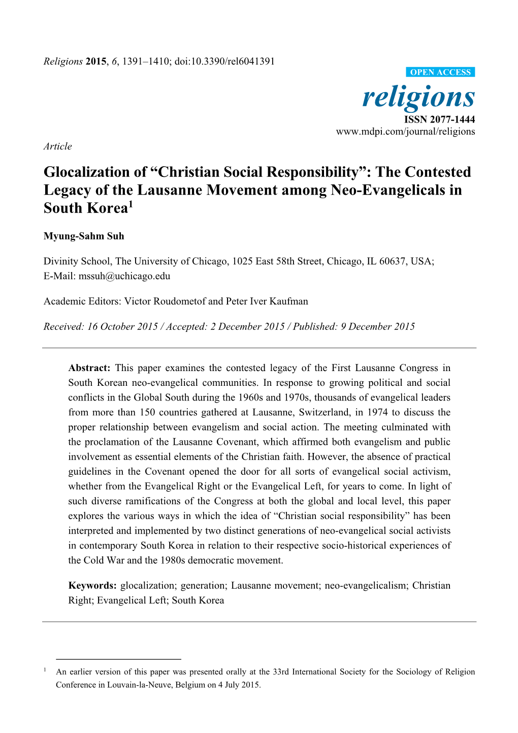 Christian Social Responsibility”: the Contested Legacy of the Lausanne Movement Among Neo-Evangelicals in South Korea1