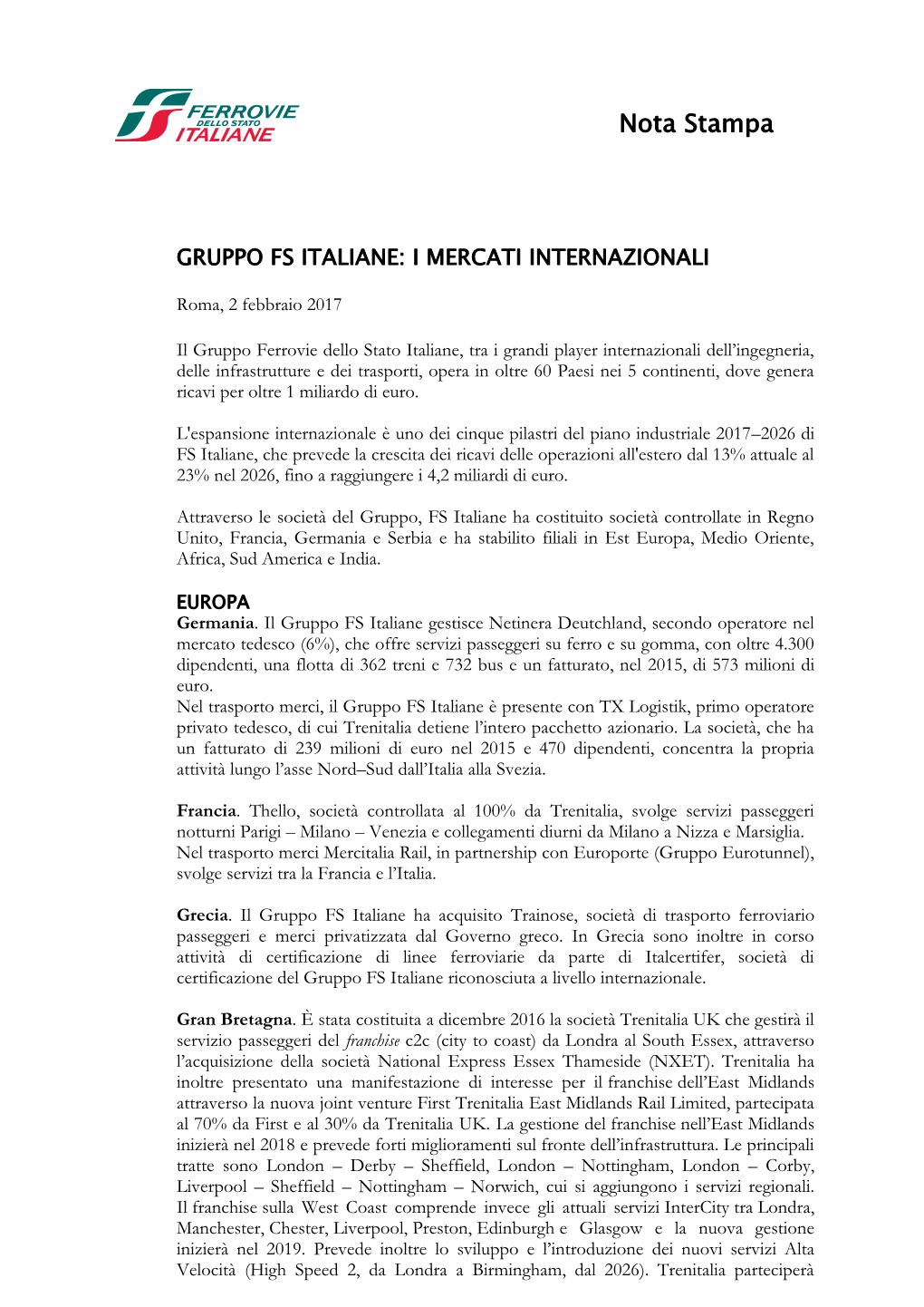 Scarica La Nota Stampa GRUPPO FS ITALIANE. I MERCATI