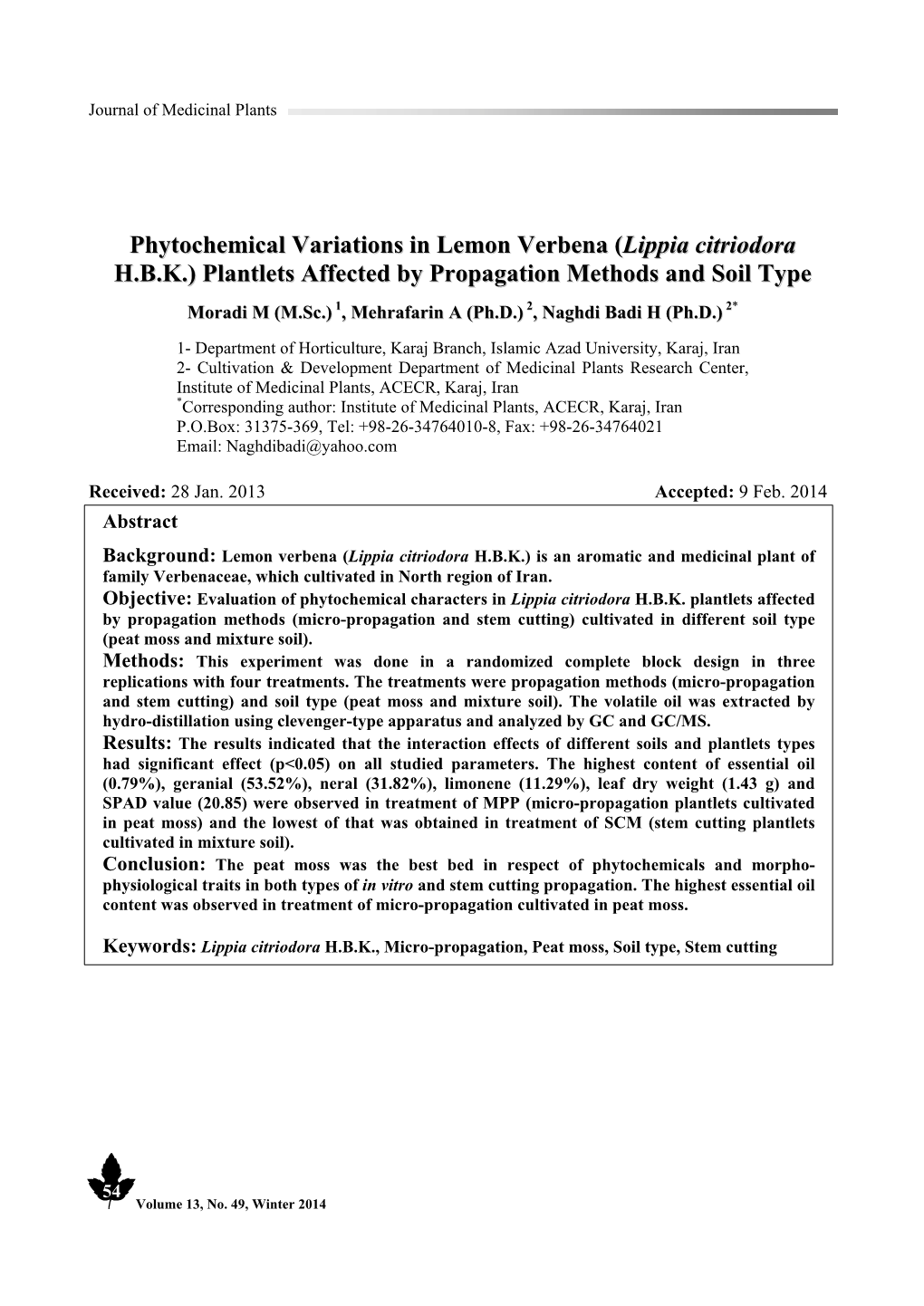 Phytochemical Variations in Lemon Verbena ( Lippia Citriodora HBK)