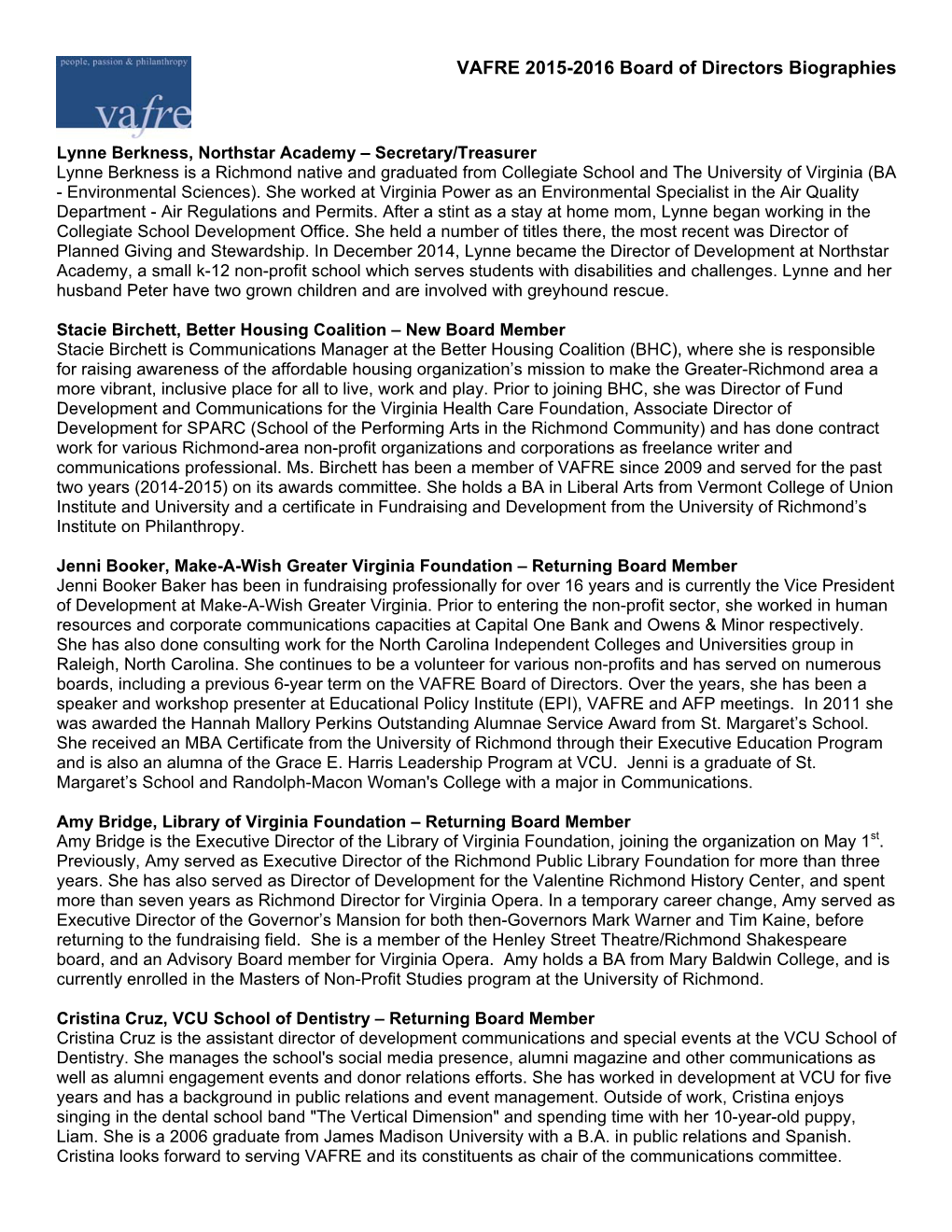 VAFRE 2015-2016 Board of Directors Biographies