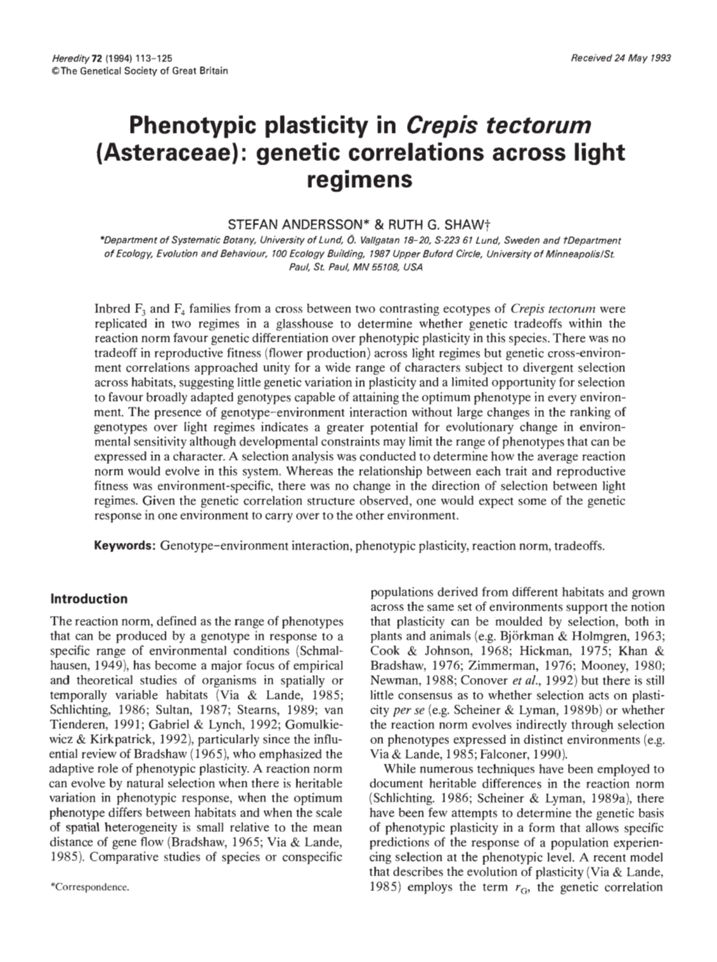 Phenotypic Plasticity in Crepis Tectorum (Asteraceae): Genetic Correlations Across Light Regimens