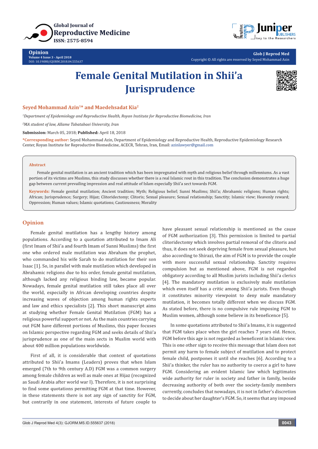 Female Genital Mutilation in Shii'a Jurisprudence
