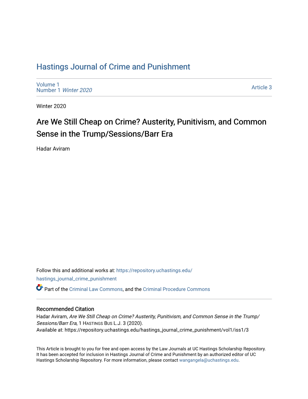 Are We Still Cheap on Crime? Austerity, Punitivism, and Common Sense in the Trump/Sessions/Barr Era