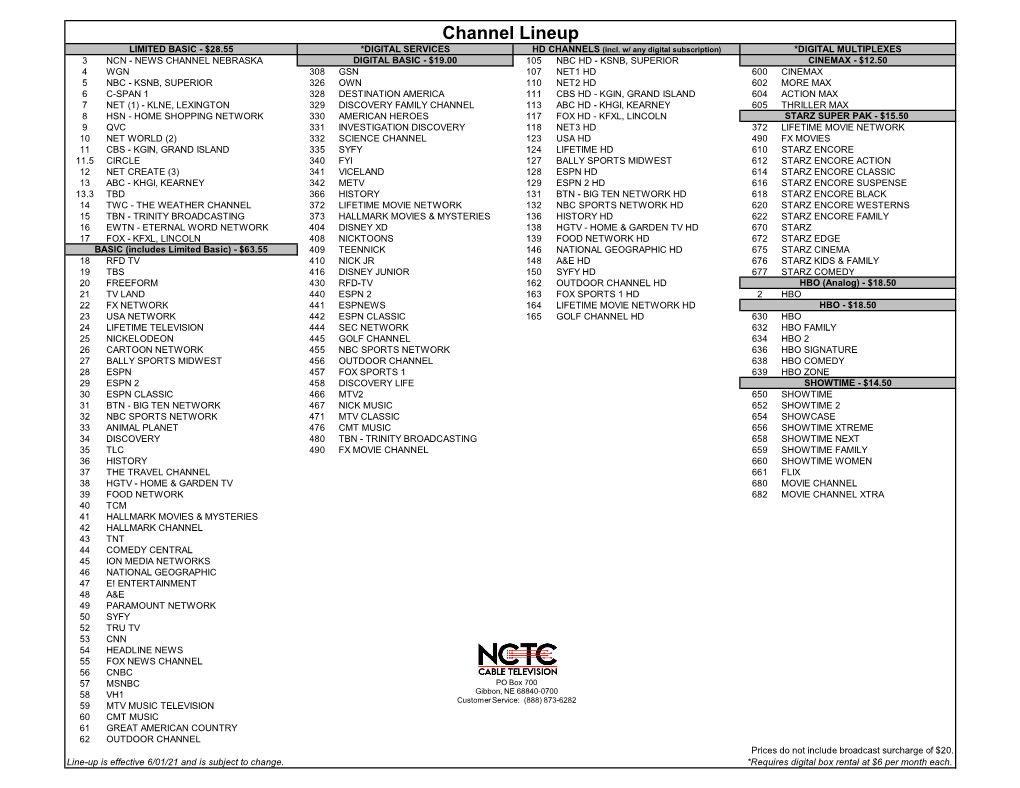 Printable Channel Guide