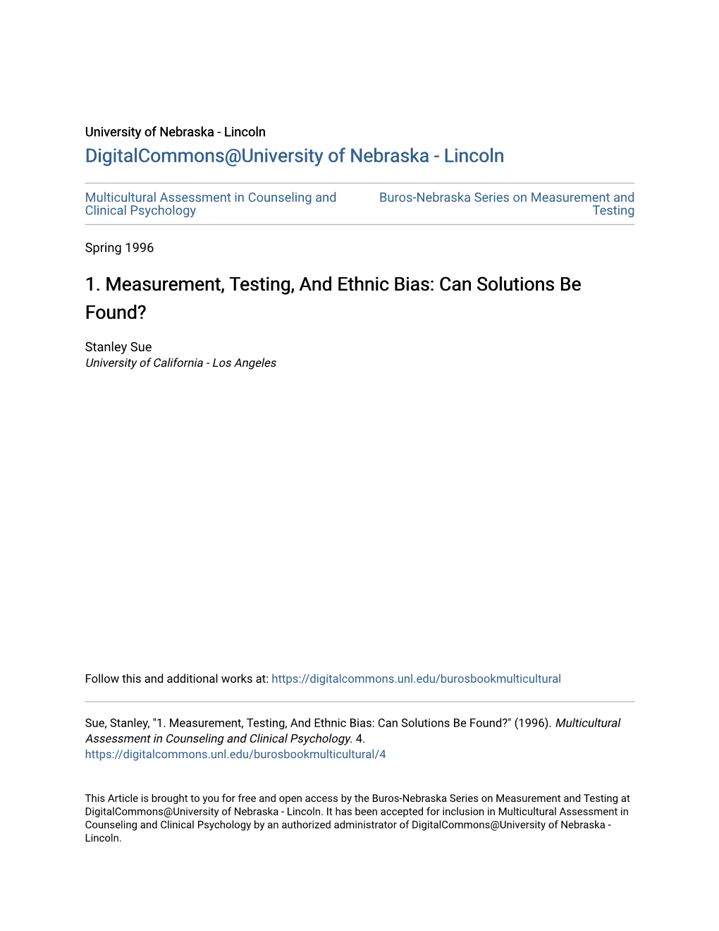 1. Measurement, Testing, and Ethnic Bias: Can Solutions Be Found?