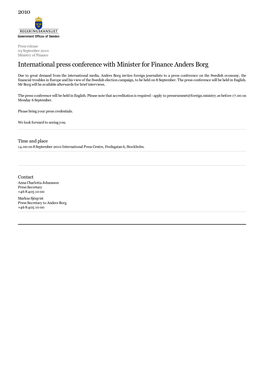 International Press Conference with Minister for Finance Anders Borg