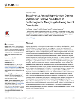 Sexual Versus Asexual Reproduction: Distinct Outcomes in Relative Abundance of Parthenogenetic Mealybugs Following Recent Colonization