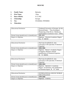 RESUME 1. Family Name