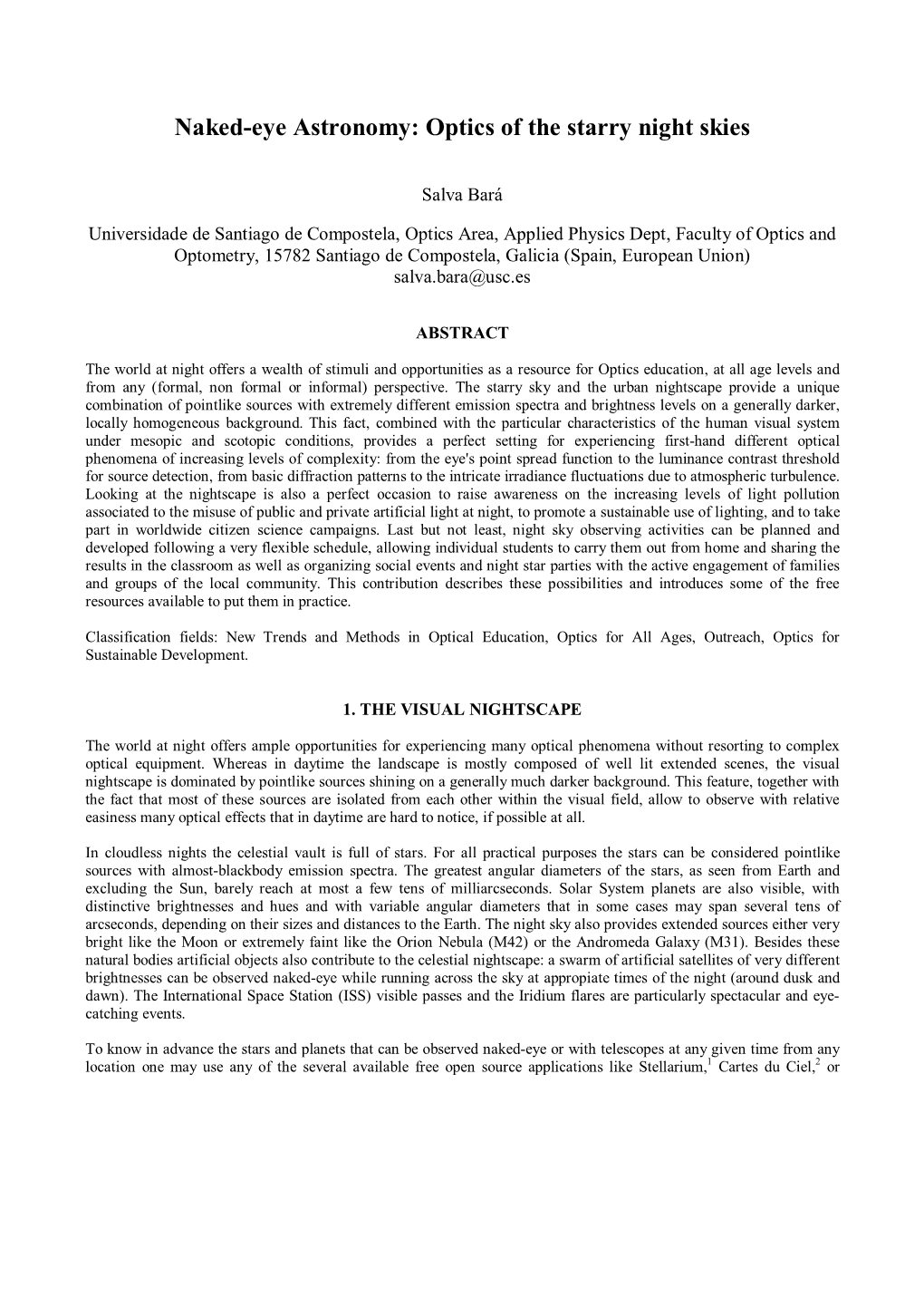 Naked Eye Astronomy Optics Of The Starry Night Skies Docslib