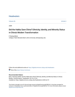 Did the Hakka Save China? Ethnicity, Identity, and Minority Status in China's Modern Transformation