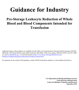 Final Guidance for Industry: Pre-Storage Leukocyte Reduction