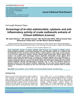 Inflammatory Activity of Crude Methanolic Extracts of Crinum Latifolium (Leaves)