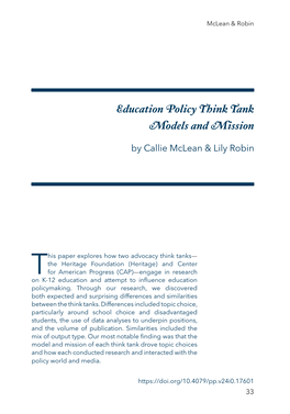 Education Policy Think Tank Models and Mission by Callie Mclean & Lily Robin