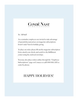 Happy Holidays! As a Condé Nast Employee, You Are Invited to Take Advantage of Special Discount Prices on Our Magazine Subscriptions