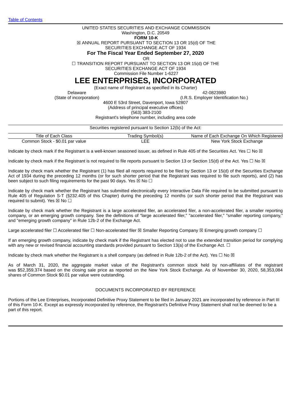 Lee Enterprises, Inc. 10-K 2020