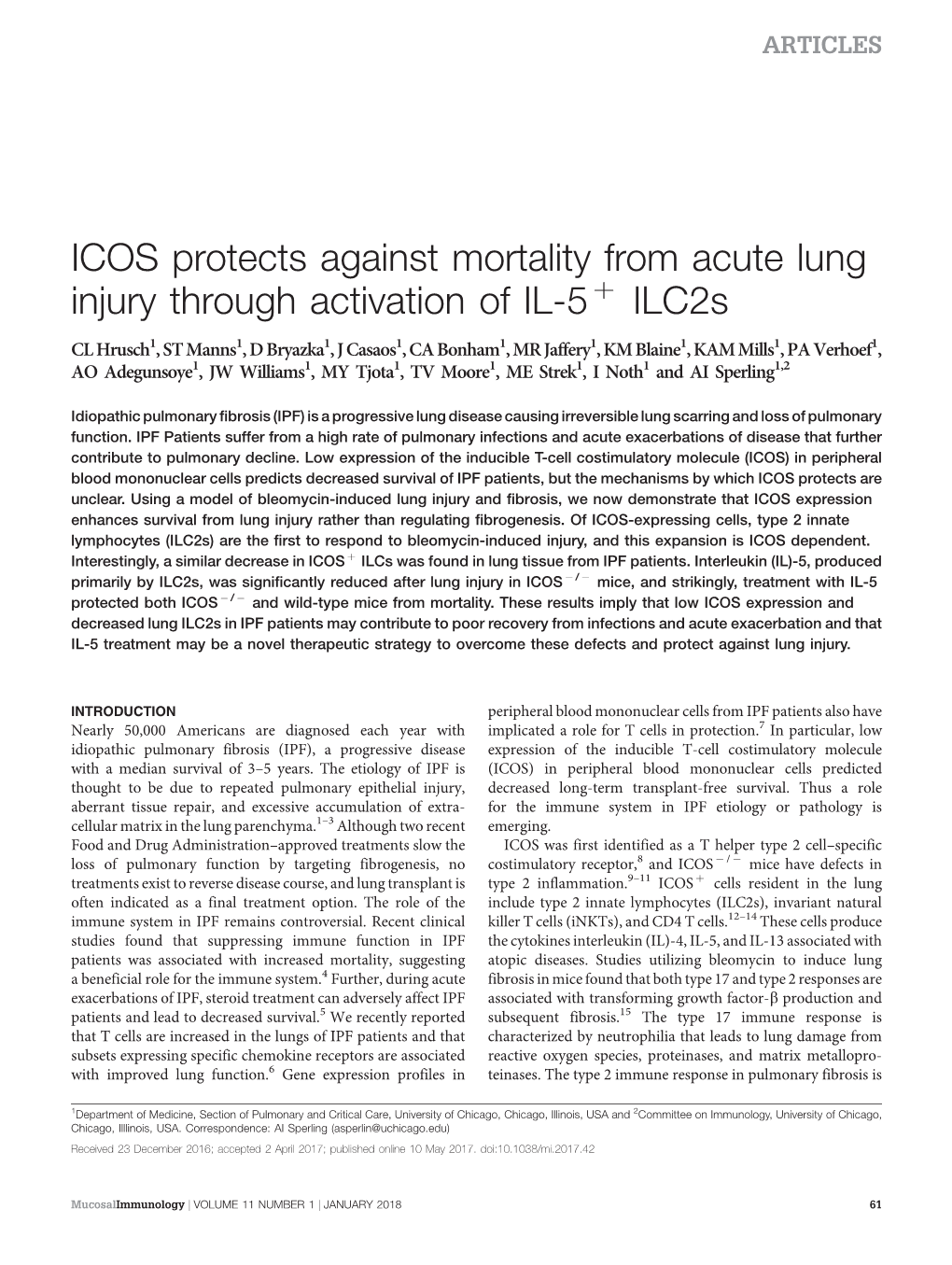 ICOS Protects Against Mortality from Acute Lung Injury Through Activation of IL-5 Þ Ilc2s