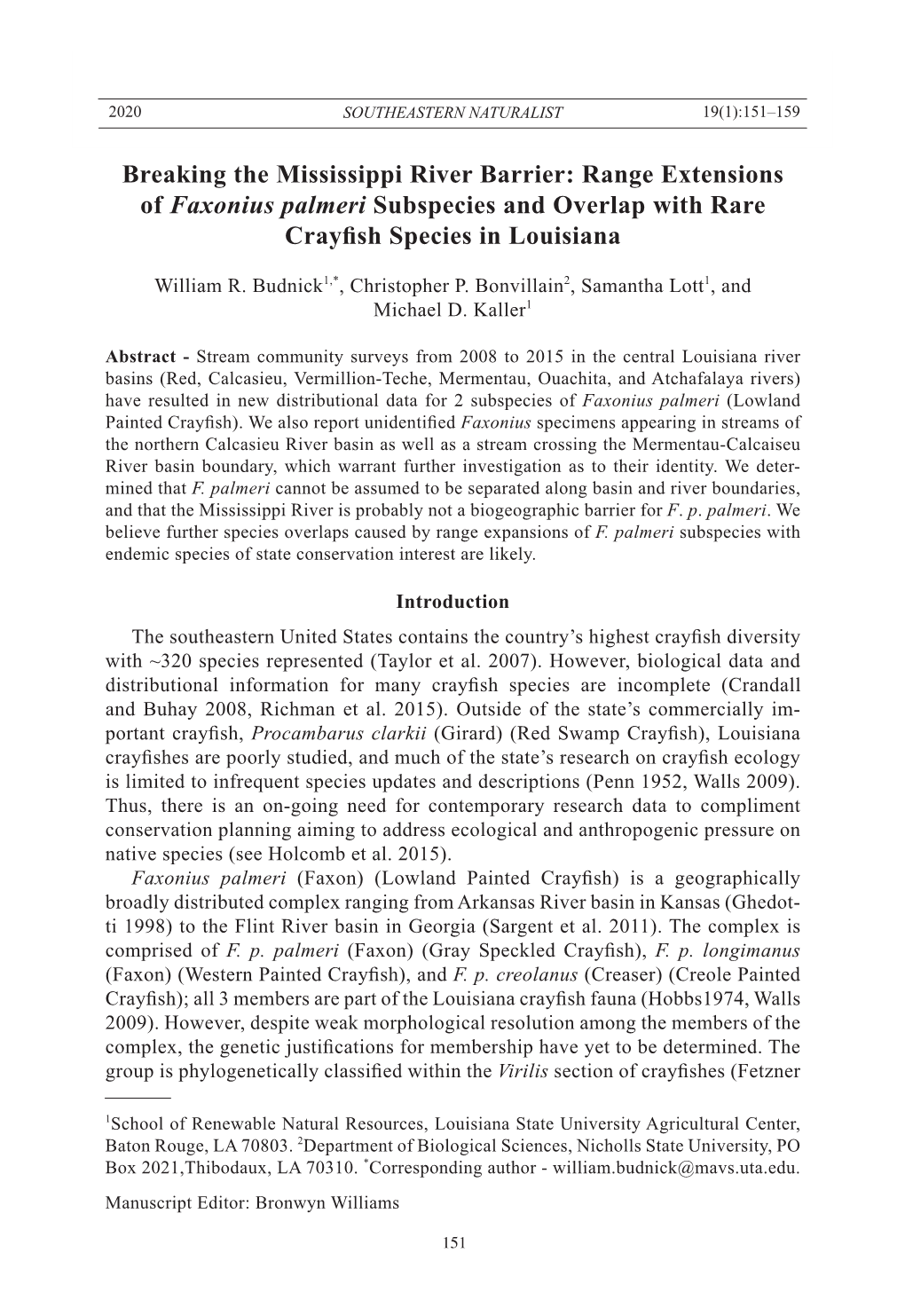 Range Extensions of Faxonius Palmeri Subspecies and Overlap with Rare Crayfish Species in Louisiana