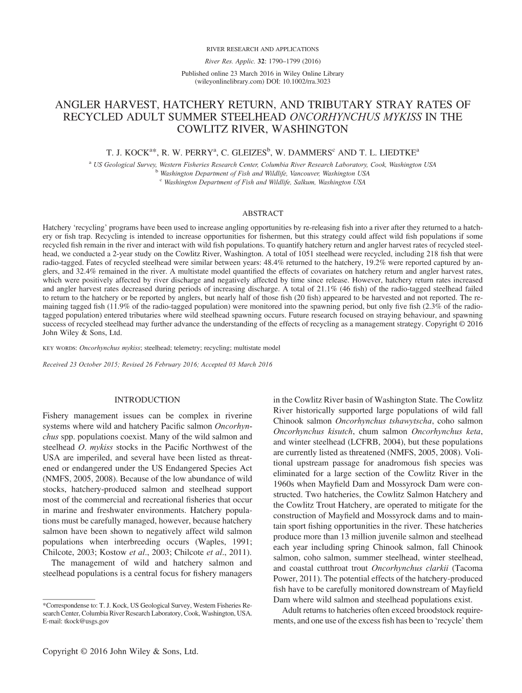 Harvest, Return, and Stray Rates of Recycled Summer Steelhead in The