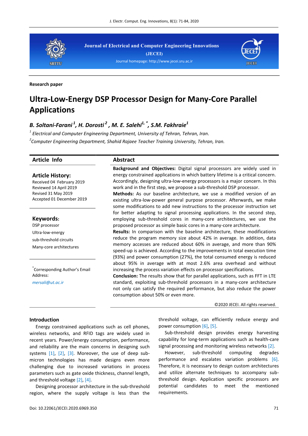 Ultra-Low-Energy DSP Processor Design for Many-Core Parallel Applications