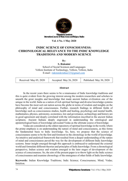 Indic Science of Consciousness: Chronological Relevance to the Indic Knowledge Traditions and Modern Science