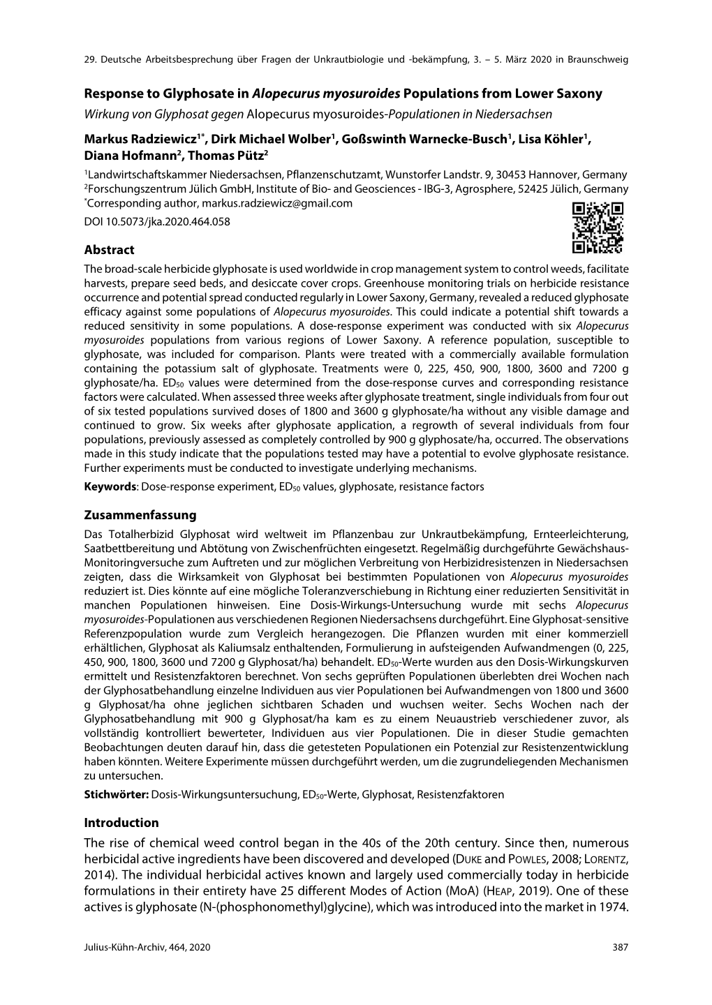 Response to Glyphosate in Alopecurus Myosuroides