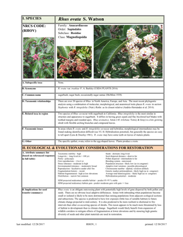 Rhus Ovata S. Watson NRCS CODE: Family: Anacardiaceae (RHOV) Order: Sapindales Subclass: Rosidae Class: Magnoliopsida
