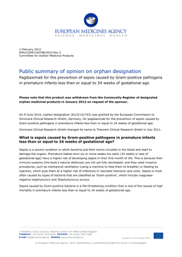Public Summary of Opinion on Orphan Designation for Pagibaximab for The