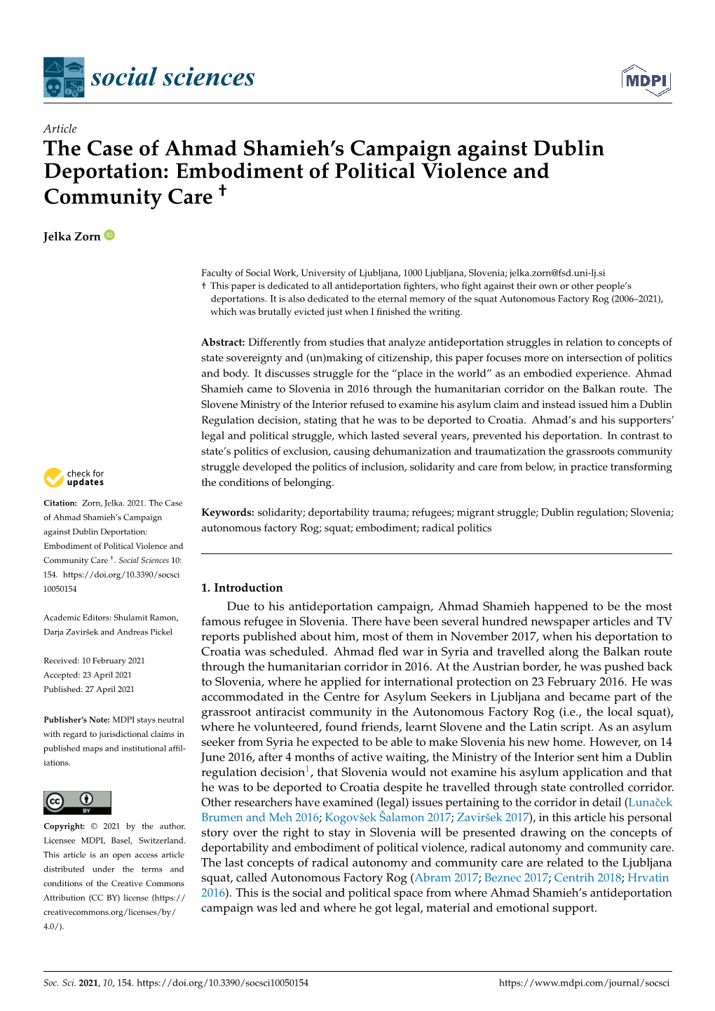 The Case of Ahmad Shamieh's Campaign Against Dublin Deportation: Embodiment of Political Violence and Community Care "227