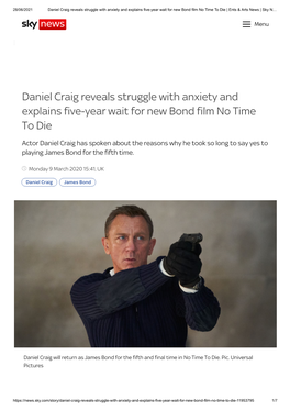 Daniel Craig Reveals Struggle with Anxiety and Explains Five-Year Wait for New Bond Film No Time to Die | Ents & Arts News | Sky N…