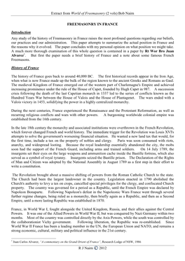 Extract from World of Freemasonry (2 Vols) Bob Nairn R J Nairn C 2012 FREEMASONRY in FRANCE Introduction Any Study of the Hist